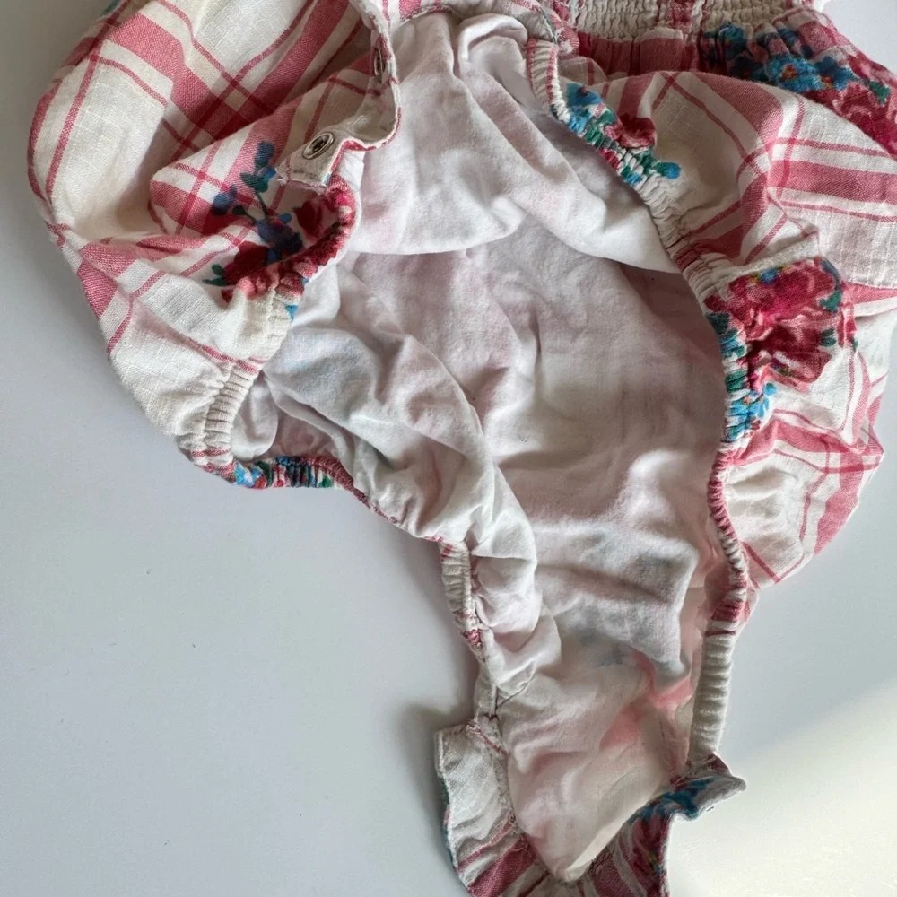 Ralph Lauren 18m Baby Girl Pink & White Plaid Floral Cotton Dobby Romper